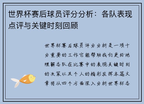 世界杯赛后球员评分分析：各队表现点评与关键时刻回顾
